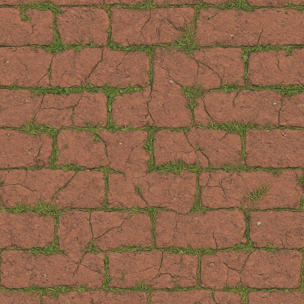 Brick Red With Rough Wear And Patchy Grass Cracks Natural Look Asphalt seamless PBR texture preview