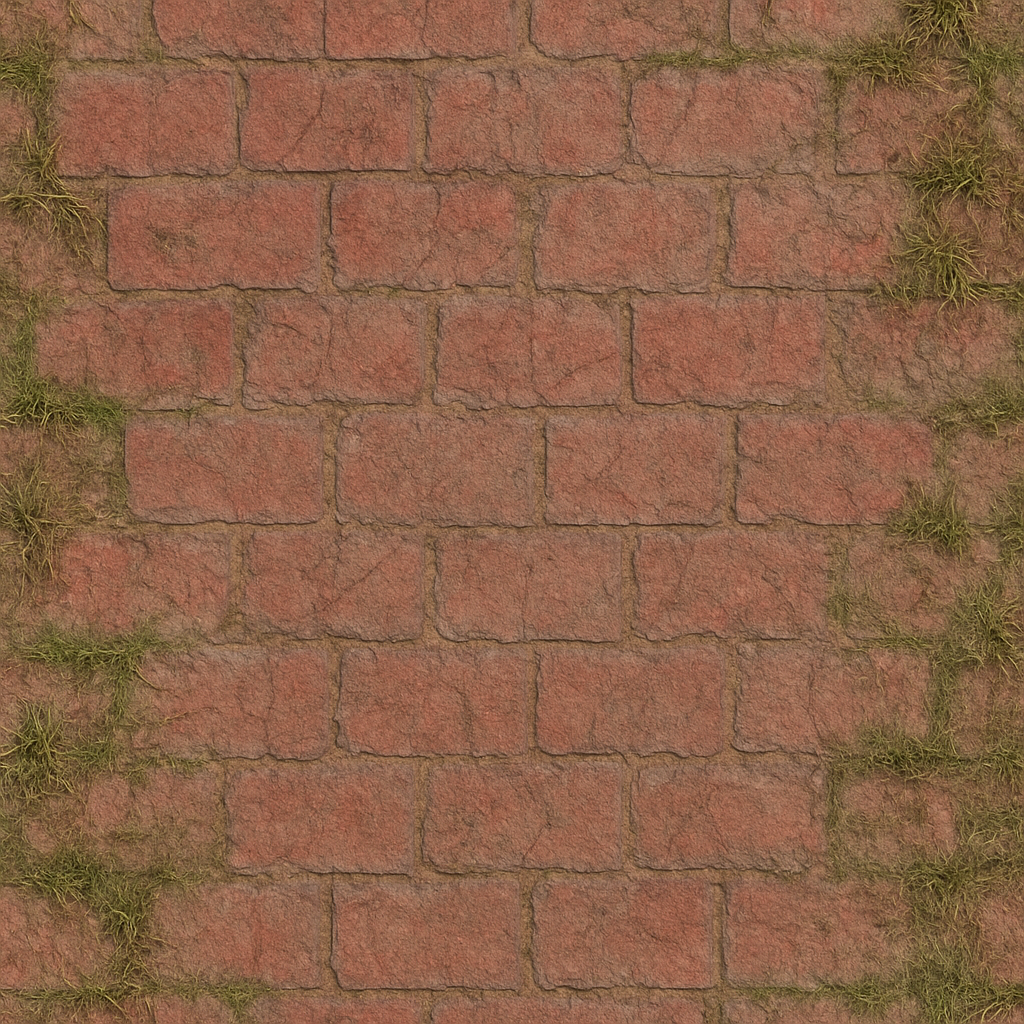 Brick Red Pavement With Faded Paint And Grass Edges Natural Wear Asphalt seamless PBR texture preview