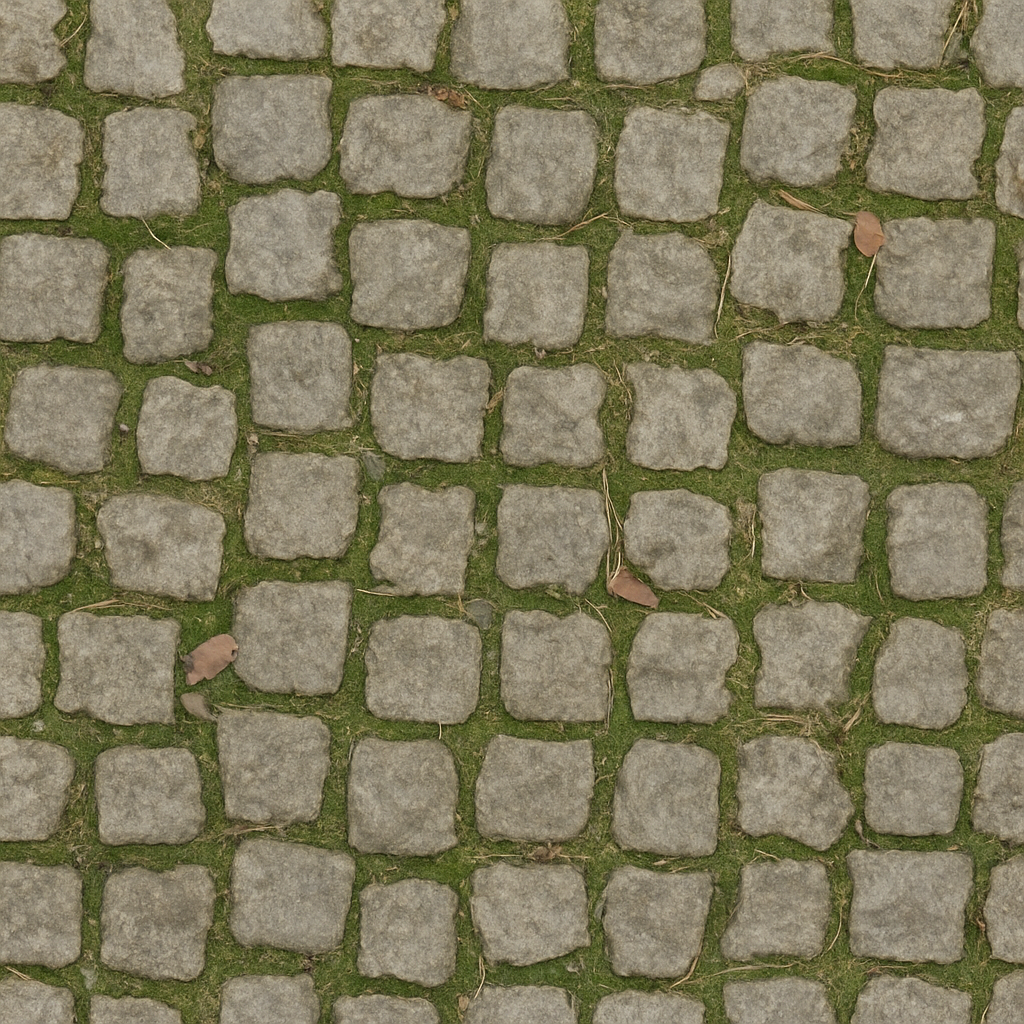 Cobblestone Small With Mossy Grout And Weathered Edges Asphalt seamless PBR texture preview