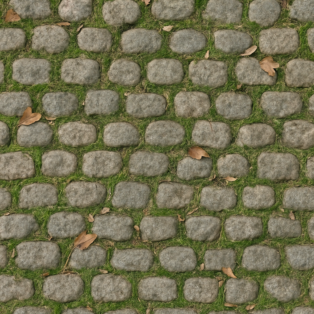 Cobblestone Small With Mossy Grout And Dry Leaves Scattered Asphalt seamless PBR texture preview