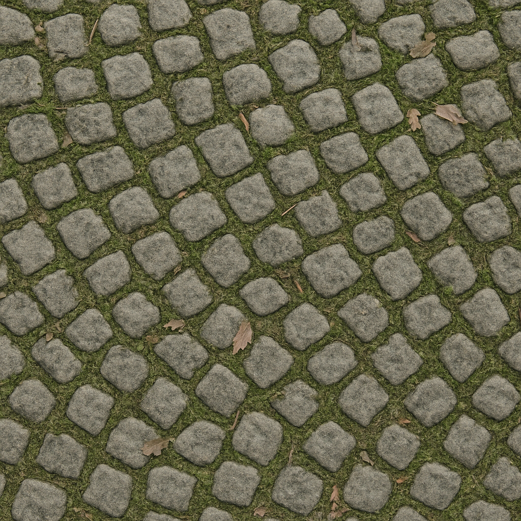 Cobblestone Small With Mossy Grout And Dry Leaves Natural Wear Asphalt seamless PBR texture preview
