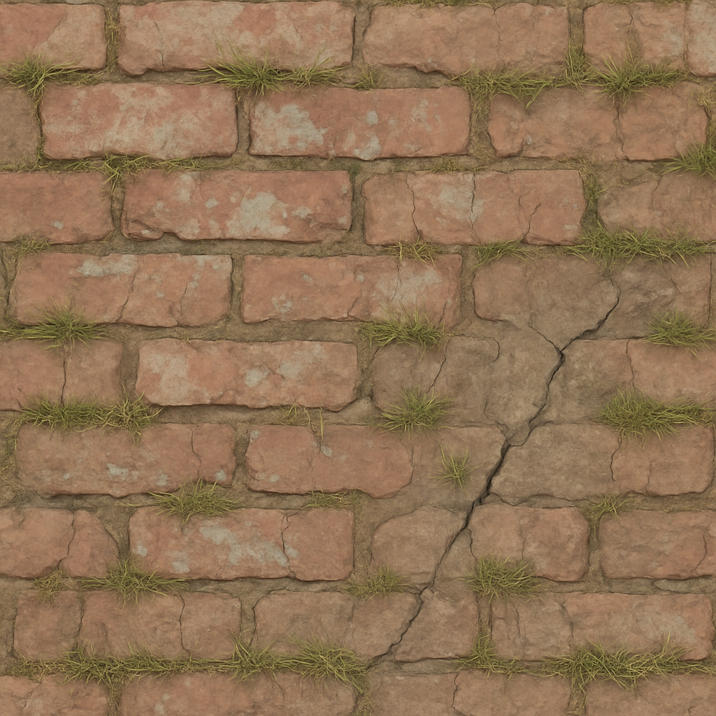 Brick Weathered With Faded Paint And Patchy Grass Cracks Asphalt seamless PBR texture preview