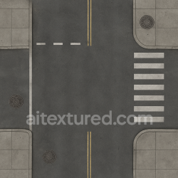 Generated seamless &quot;High-resolution seamless texture of a city street, including asphalt roads, lane markings, sidewalks, and urban details like manholes and crosswalks. Realistic lighting, top-down view, photorealistic style, suitable for game environment textures.&quot; texture 1024x1024 PBR