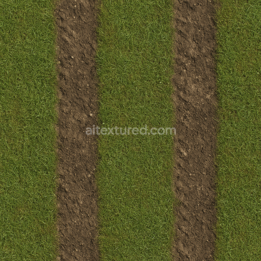 AI-Generated Seamless PBR Texture — grass with two dirt marks from big tractor, photorealistic