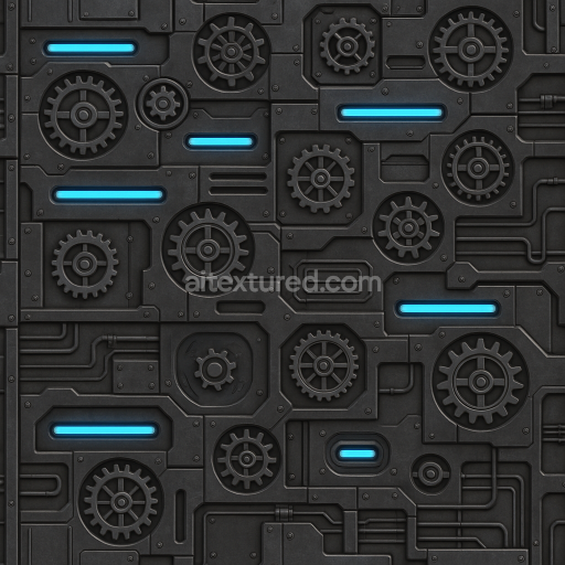 AI-Generated Seamless PBR Texture — procedural metallic sci fi wall with gears and blue lights dark gray seamless til…