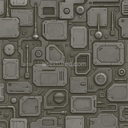 AI-Generated Seamless PBR Texture — sci-fi panels random layout with anthenas bolts and other sci fi parts