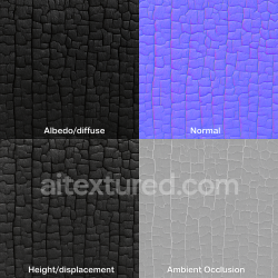 Generated seamless Ultra-detailed PBR texture of charred wood (Shou Sugi Ban) for architectural façade cladding. Deep black burned wood with crackled surface, subtle glossy highlights, visible grain structure, realistic carbonized patterns, high-resolution seamless texture. texture 1024x1024 PBR