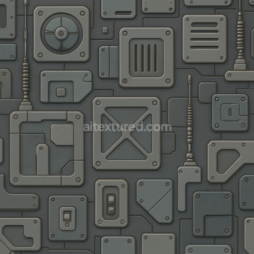 AI-Generated Seamless PBR Texture — seamless sci-fi panels random layout with anthenas bolts and other sci fi parts, by…