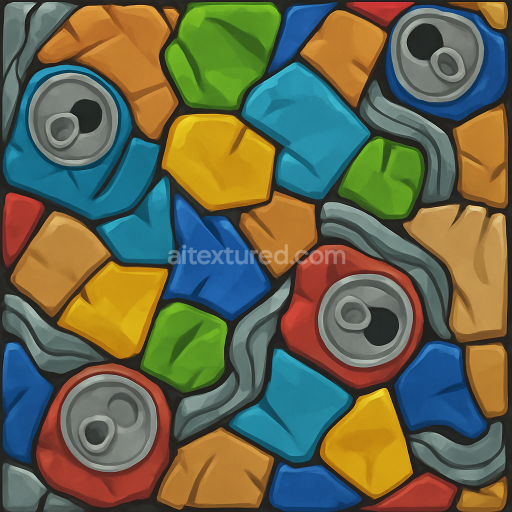 AI-Generated Seamless PBR Texture — Stylized texture of a compacted garbage cube made of crushed metal plastic cardb…