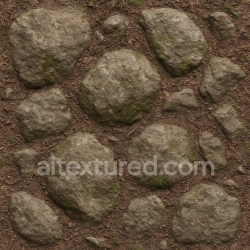 Generated seamless Forest soil texture with large rocks, rugged rocky forest ground, earthy dirt mixed with mossy stones, large stones embedded in forest soil, realistic PBR seamless material, high detail, natural forest ground, rocks with moss patches, brown and grey color texture 1024x1024 PBR