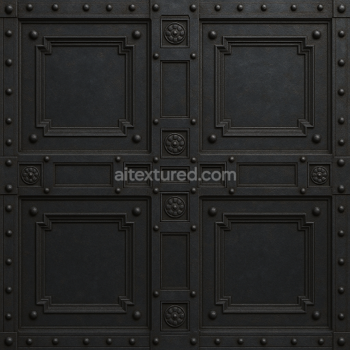 AI-Generated Seamless PBR Texture — Dark metal door inspired by 19th-century historicist architecture. Heavy iron or st…