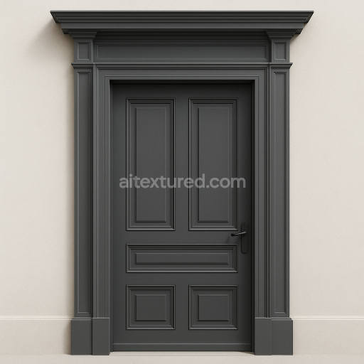 AI-Generated Seamless PBR Texture — Prompt: elegant single entrance door in dark muted gray, neoclassical style, propor…