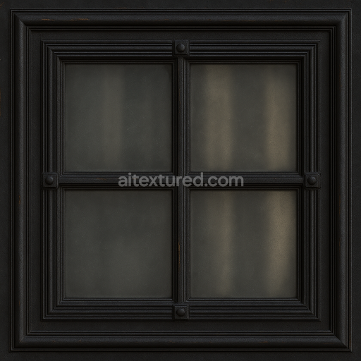 AI-Generated Seamless PBR Texture — texture of a historicist window frame with glass. Dark-painted wooden frame with el…