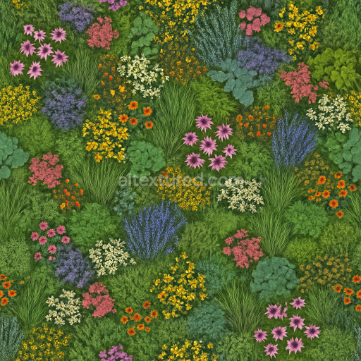 AI-Generated Seamless PBR Texture — seamless biodiverse perennial bed top view colorful texture. scale: 1:500