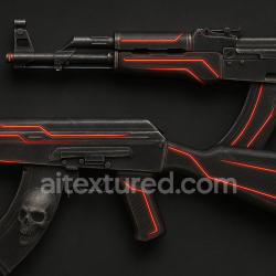 Generated seamless Generate an ultra-realistic CS2 AK-47 skin.
Base material: matte black steel with brushed metallic details.
Add aggressive deep-red neon lines along the body and handguard with a faint glow.
Include engraved skull artwork on the magazine and small text texture 1024x1024 PBR