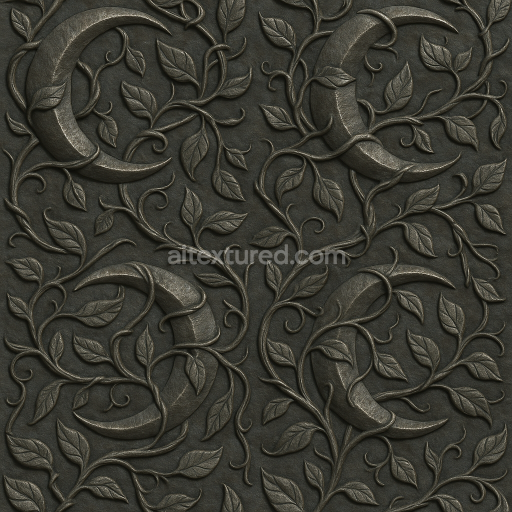 AI-Generated Seamless PBR Texture — Sickel moon wrapped by vines metal seamless