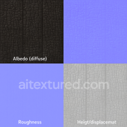 Generated seamless &quot;Ultra-detailed PBR texture of charred wooden planks (Shou Sugi Ban) for architectural façade cladding. Deep black burned wood with crackled surface, subtle glossy highlights, visible grain structure, realistic carbonized patterns, high-resolution seamles texture 1024x1024 PBR