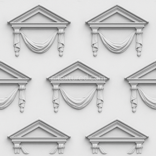 AI-Generated Seamless PBR Texture — seamless black and white texture of an ornate classical window pediment relief in 1…