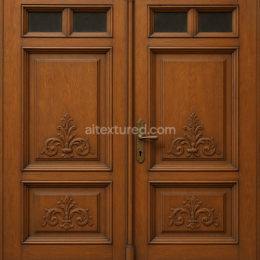 AI-Generated Seamless PBR Texture — Front view of a large, double-leaf wooden entrance door in a traditional European s…