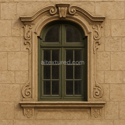 AI-Generated Seamless PBR Texture — A seamless, ultra-detailed PBR texture (4096×4096 px) of a baroque-style window int…