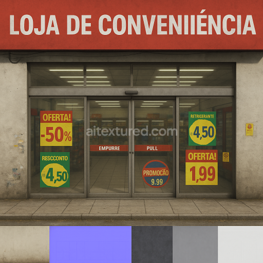 AI-Generated Seamless PBR Texture — Crie uma textura realista de fachada de loja de conveniência brasileira moderna, in…
