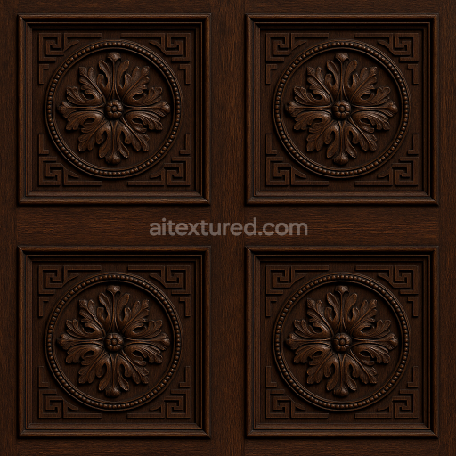 AI-Generated Seamless PBR Texture — Seamless PBR texture of carved wooden door panel, made of dark polished oak, with o…