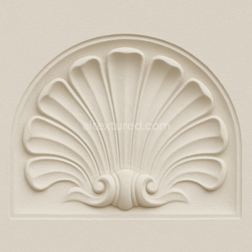 AI-Generated Seamless PBR Texture — seamless 4K texture of a broad neoclassical stucco shell ornament centered and hori…