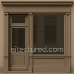 Generated seamless Shop entrance with unified wooden frame (door + display window)

**“Create a high-resolution, perfectly frontal, orthographically aligned 2D texture of a historic shop entrance from central Potsdam. The image must be fully front-facing, distortion-free, texture 1024x1024 PBR