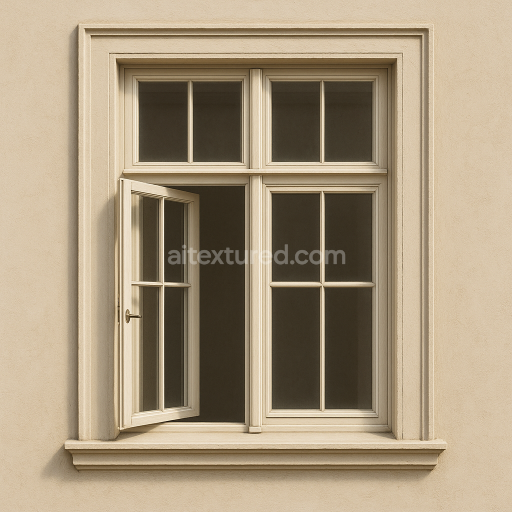 AI-Generated Seamless PBR Texture — Highly detailed, realistic wooden double casement window typical of 19th-century Eu…