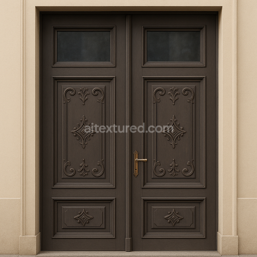 AI-Generated Seamless PBR Texture — Front view of a large, double-leaf wooden entrance door in classic European city ar…