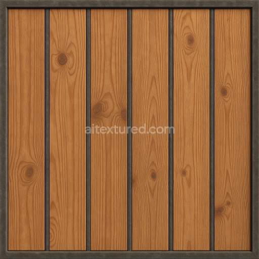 AI-Generated Seamless PBR Texture — Seamless decorative wooden panel with metal frame. The panel should be in vertical…