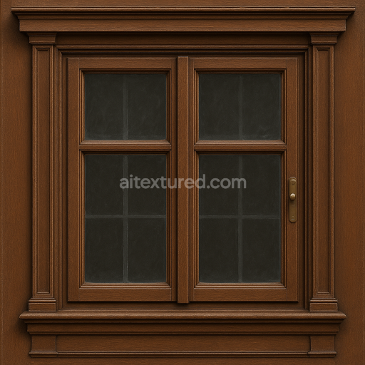 AI-Generated Seamless PBR Texture — Front view of a traditional European wooden window designed to match a historic bro…