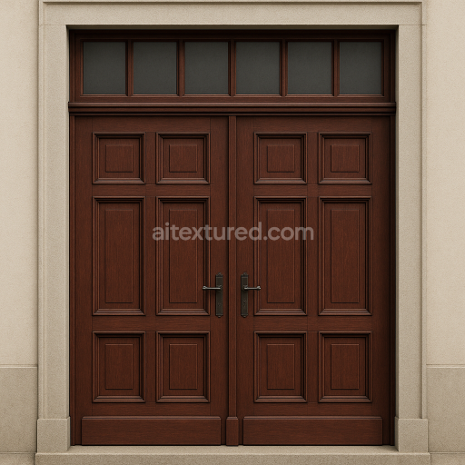 AI-Generated Seamless PBR Texture — Front view of a traditional double wooden entrance door in the style of late 19th-c…