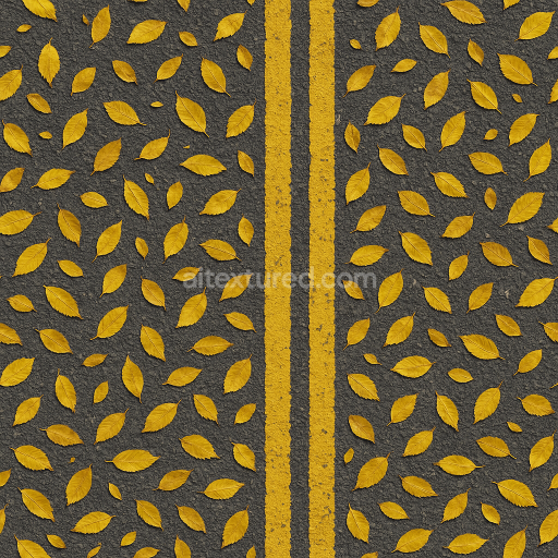 AI-Generated Seamless PBR Texture — An asphalt with yellow leaves on it. With yellow lines in the middle.