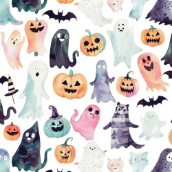 seamless Seamless 3D PBR Texture of Watercolor Halloween Ghosts and Pumpkins Pattern texture 8k free download PBR