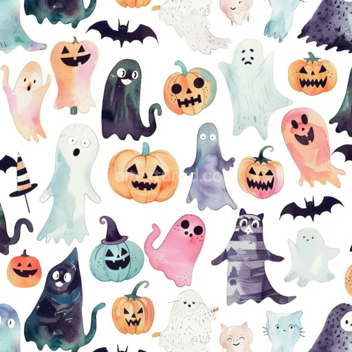 Seamless 3D PBR Watercolor Halloween Fabric Texture with Ghosts and Pumpkins