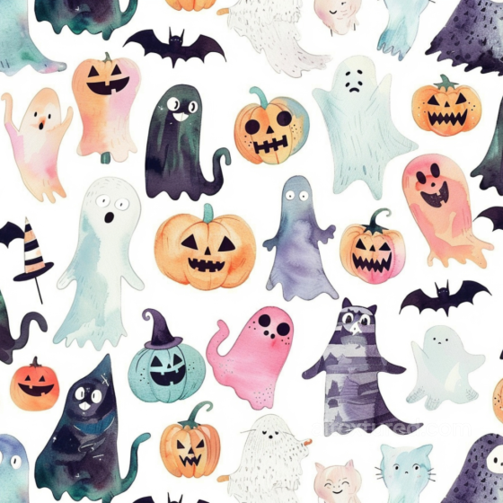 Watercolor Halloween Ghosts and Pumpkins Pattern Seamless Texture Watercolor Halloween texture preview
