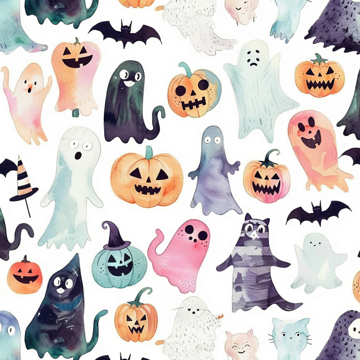 Watercolor Halloween Fabric with Ghosts and Pumpkins seamless PBR texture preview