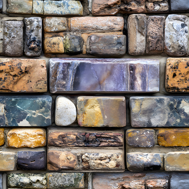 Cracked Multicolor Stone Brick Wall with Weathered Damage seamless PBR texture preview