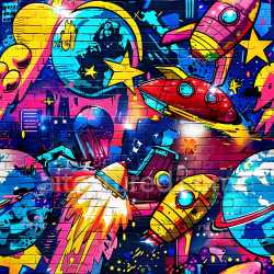 seamless Seamless 3D PBR Texture Featuring Vibrant Space-Themed Graffiti with Rockets and Stars texture 8k free download PBR