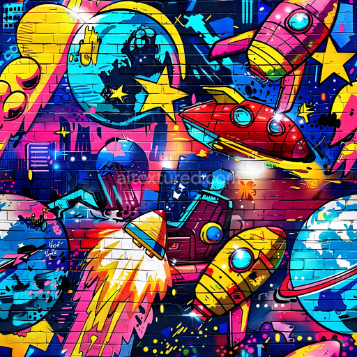Seamless 3D PBR Texture Featuring Vibrant Space-Themed Graffiti with Rockets and Stars