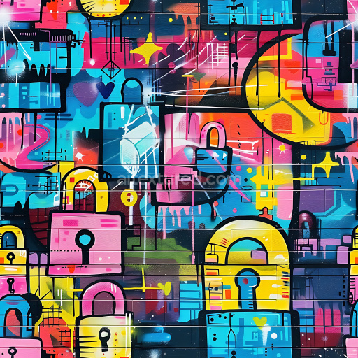 Seamless 3D PBR Texture of Colorful Graffiti Padlocks on Brick Wall