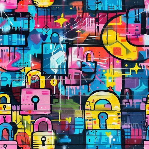 Seamless 3D PBR Texture of Colorful Graffiti Padlocks on Brick Wall texture preview