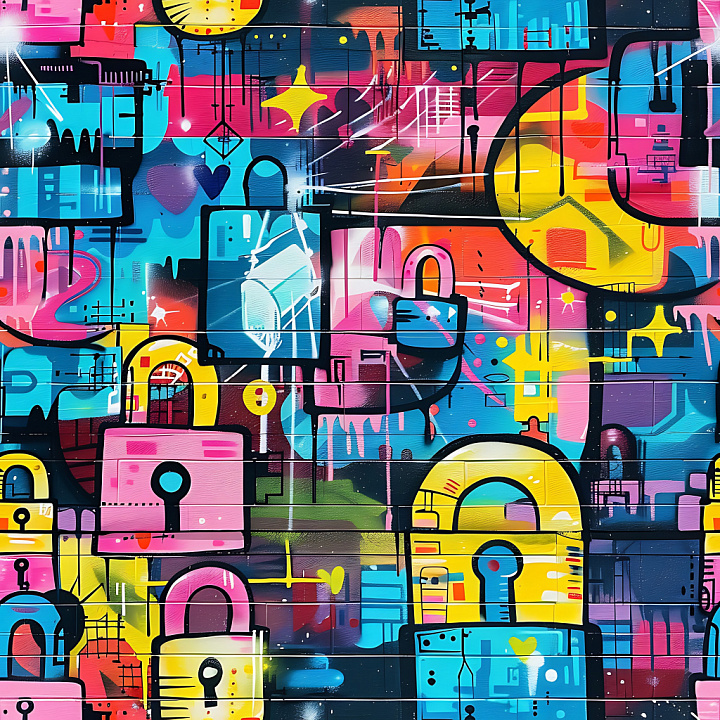 Colorful Graffiti Padlocks on Brick Wall seamless PBR texture preview