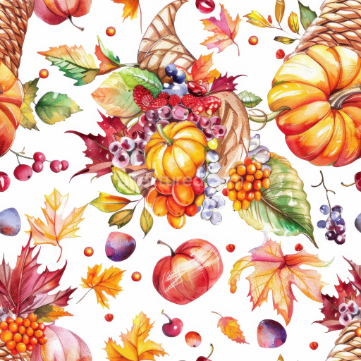 Seamless 3D PBR Texture of Colorful Thanksgiving Harvest Pattern with Pumpkins and Fall Leaves