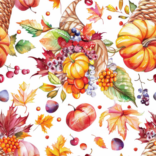 Colorful Thanksgiving Harvest Pattern Seamless Texture with Pumpkins and Fall Leaves seamless Thanksgiving PBR texture