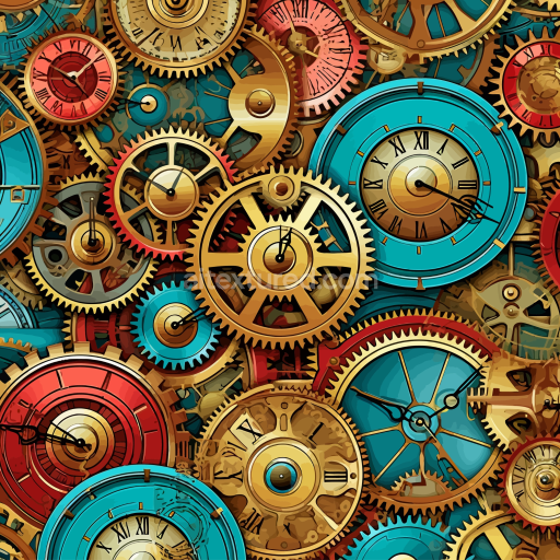 Seamless 3D PBR Texture of Vintage Clockwork Gears and Clocks in Rich Brass and Blue