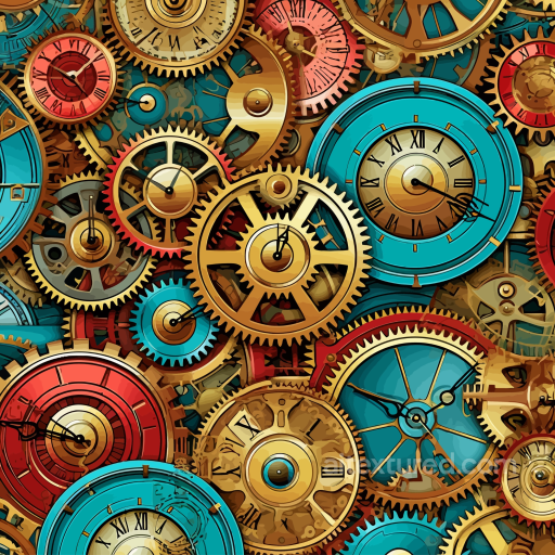 Vintage Scrapbook Texture of Vintage Clockwork Gears and Clocks in Rich Brass and Blue seamless Vintage Scrapbook PBR texture