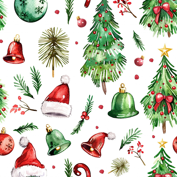 Featuring Watercolor Christmas Trees and Ornaments seamless PBR texture preview