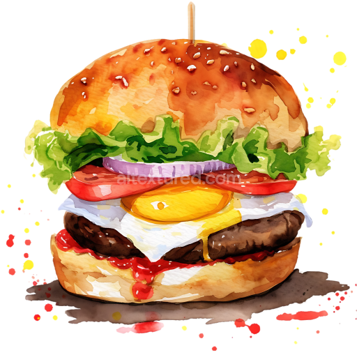 Watercolor Breakfast Burger with Egg, Lettuce, and Tomato Clipart